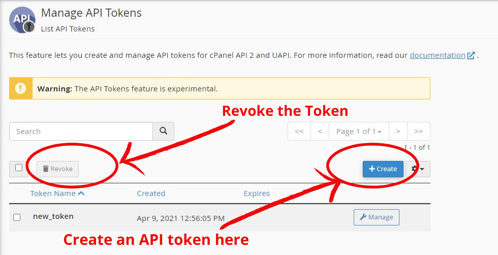 API tokens table