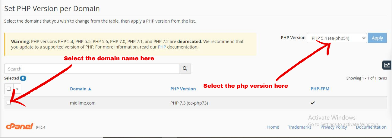set Php version per domain