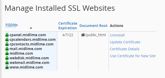 Manage Installed SSL Websites