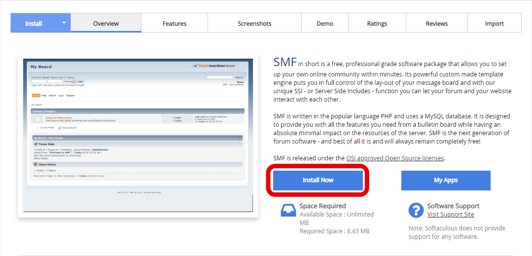 click the install button of SMF