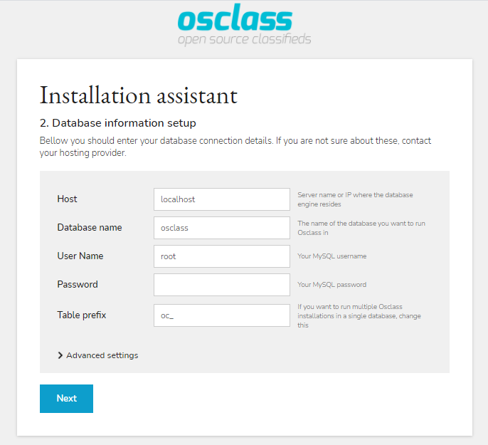 database configuration of osclass