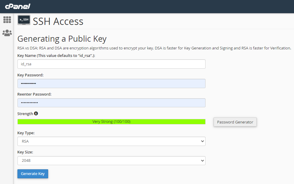 genrate new key interface in SSH Access