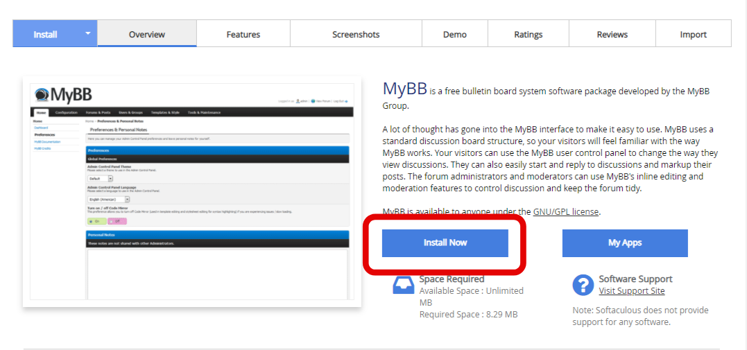 install MyBB using softaculous