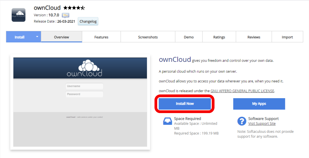 install owncloud using softaculous