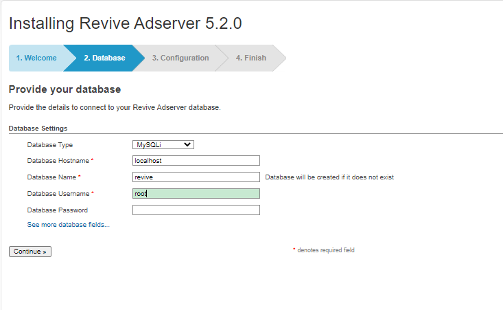 database configuration of revive adserver