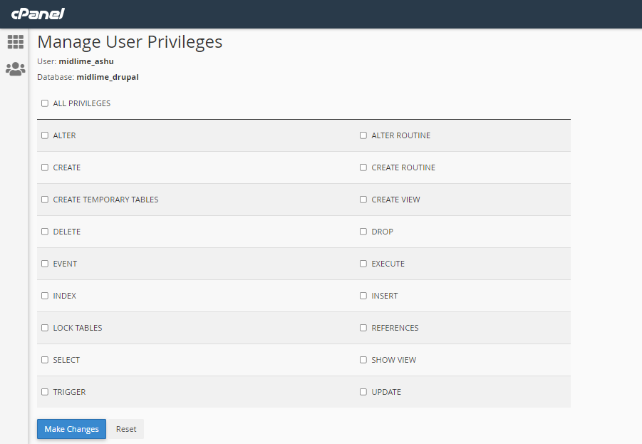 database privileges for user