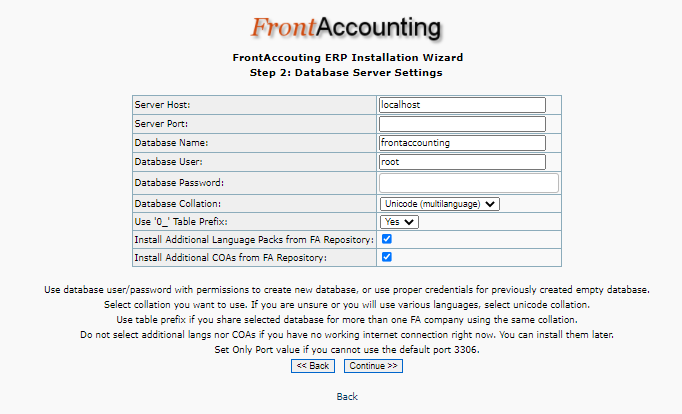 database server setting of frontaccounting
