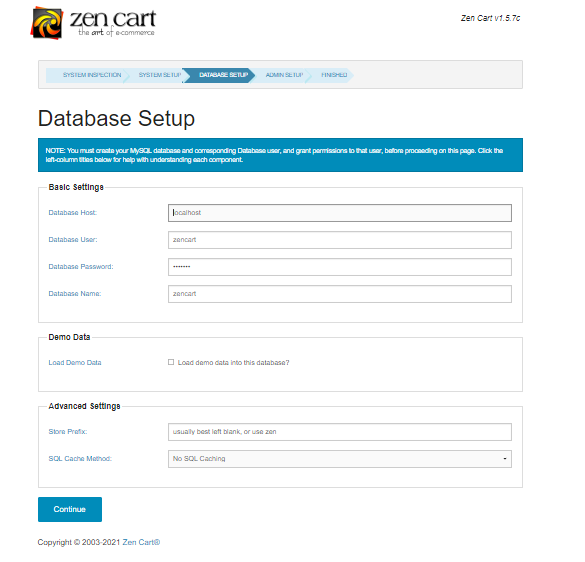 database setup in zencart