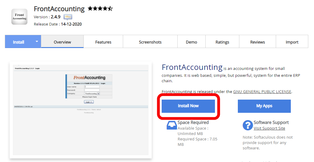 install frontaccounting using softaculous