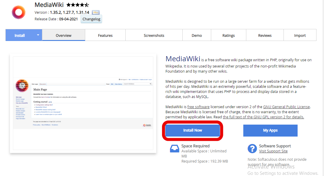install mediawiki using softaculous