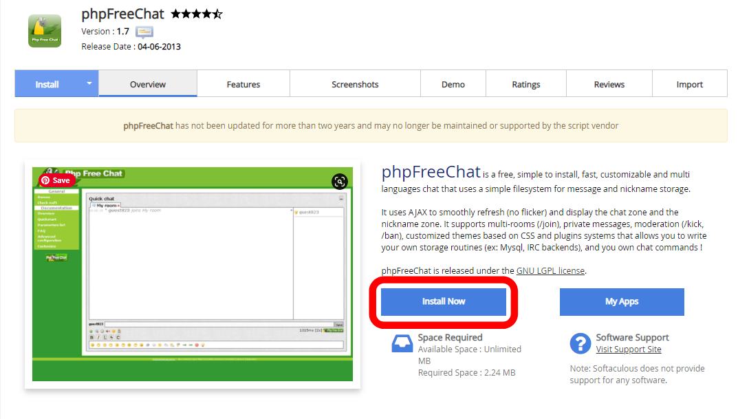 install phpfreechat using softaculous app installer