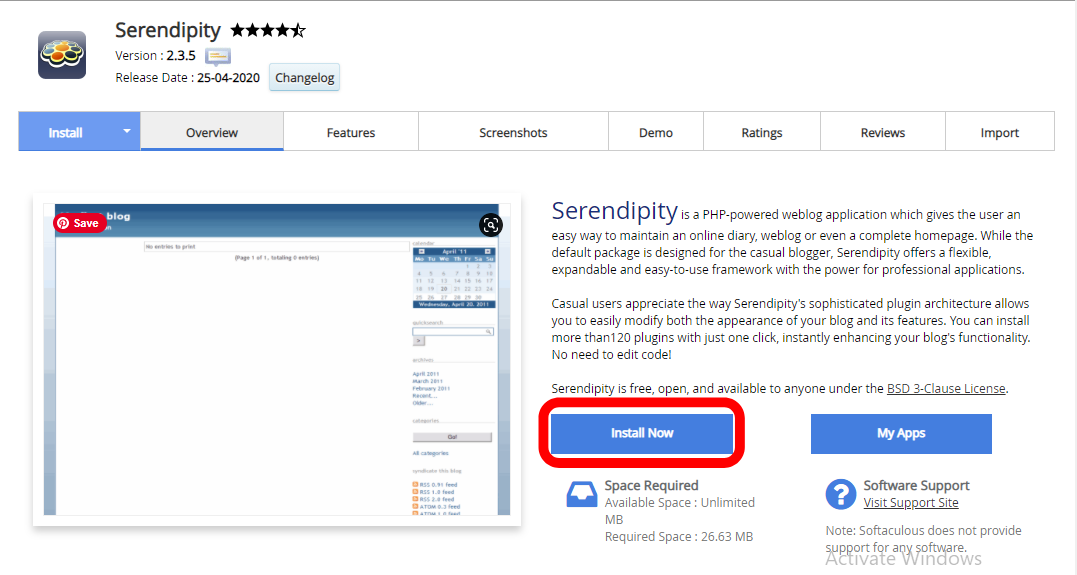 install serendipity using softaculous