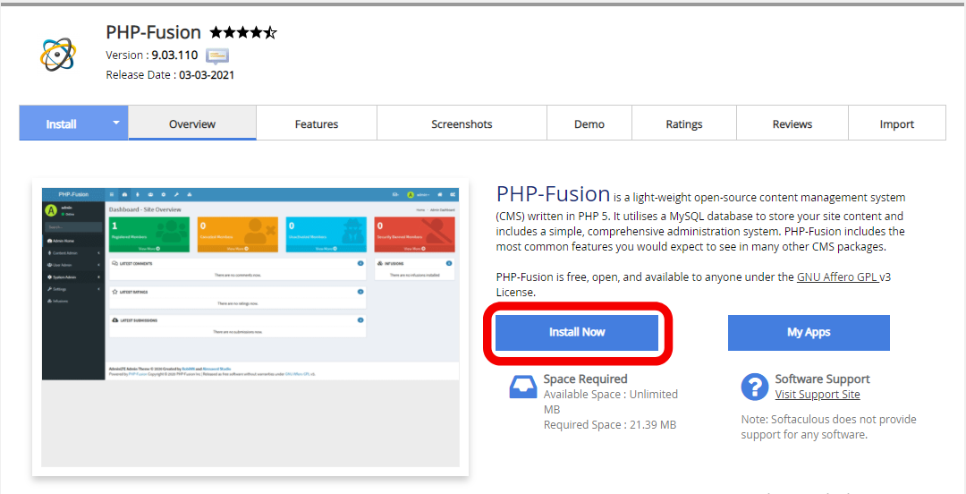 php fusion installation using softaculous