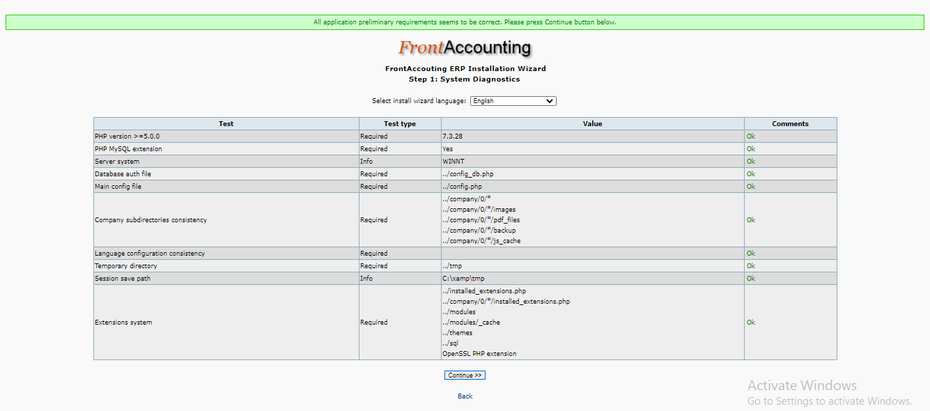 system checks of frontaccounting