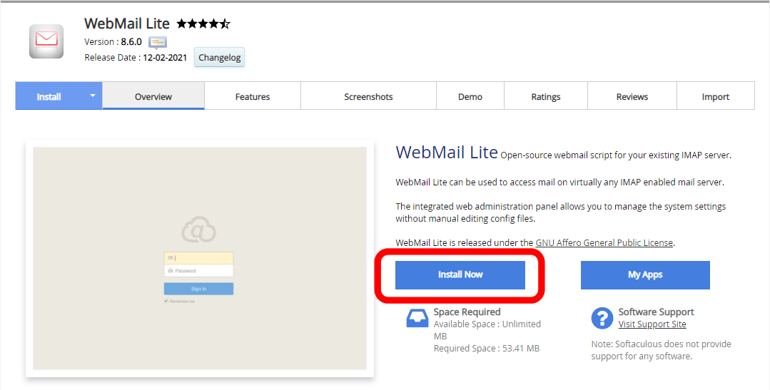 webmail lite instllation using softaculous