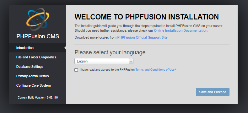 welcome window of php fusion installation