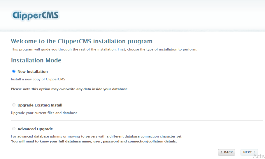 choose installation mode of clippercms