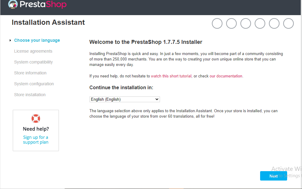 choose language for install prestashop
