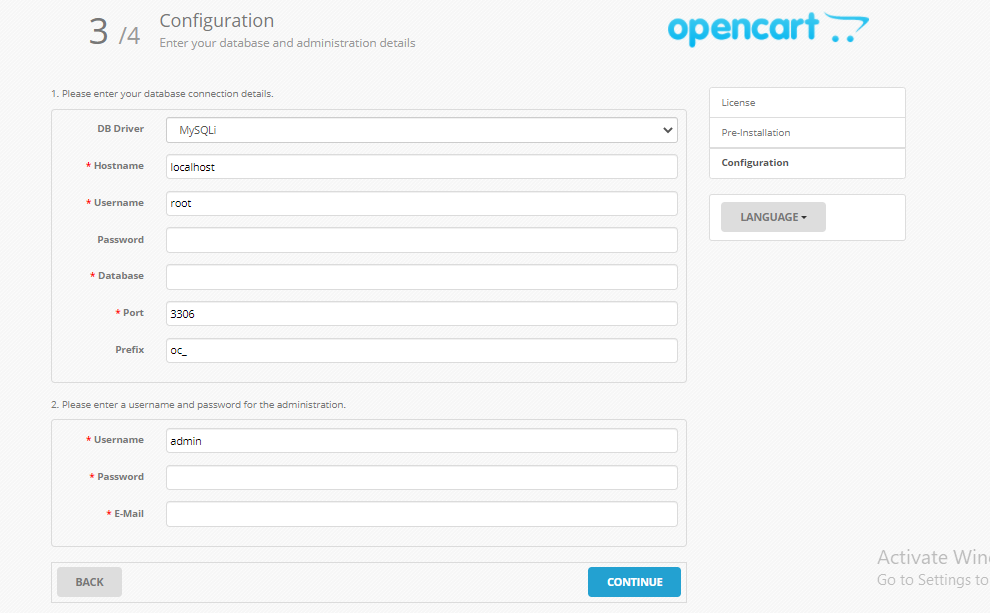 databade and admin configuration to install opencart