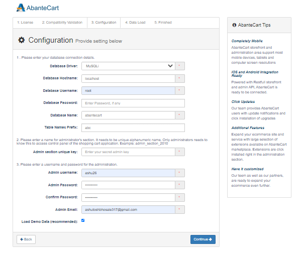 database and administration configuration to install abantecart