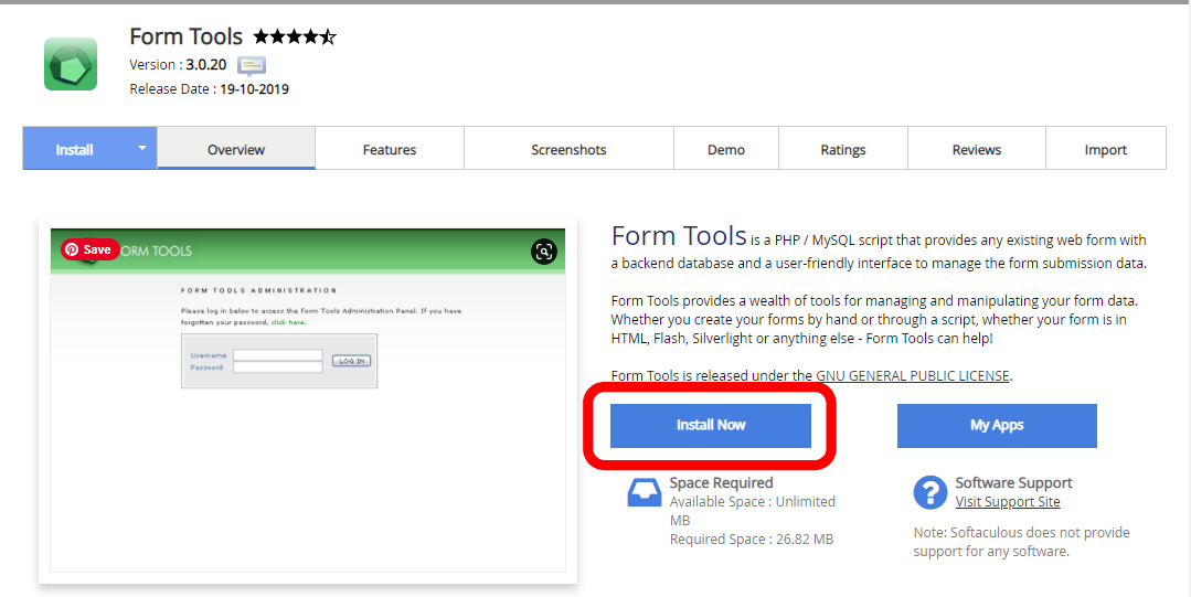 install form tools using softaculous app installer