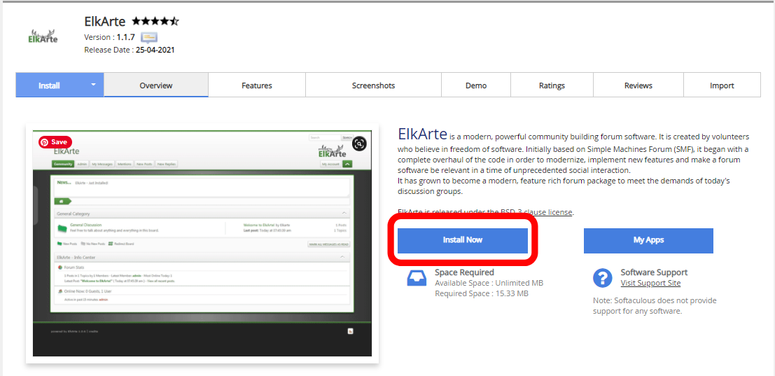 installation of elkarte using softaculous app installer