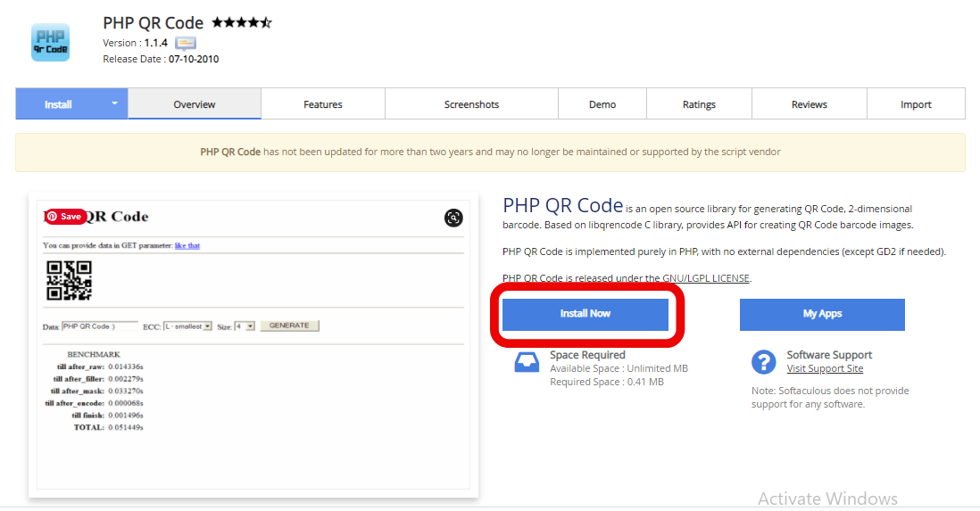 intall php qr code using softaculous app installer