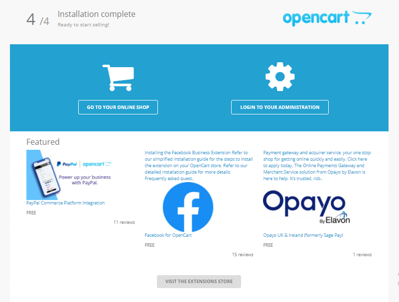 opencart installation complete