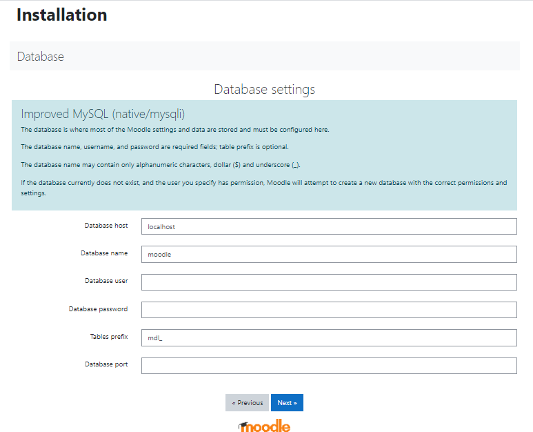 database configuration of moodle