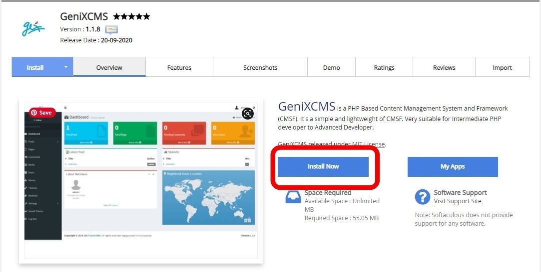 install genixcms using softaculous app installer