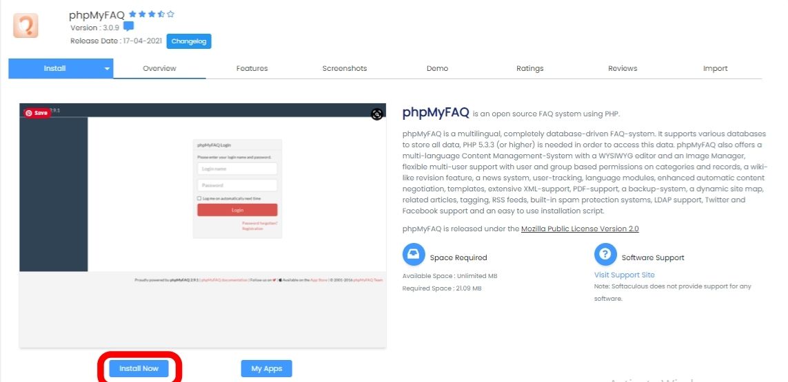 install phpmyfaq using softaculous app installer